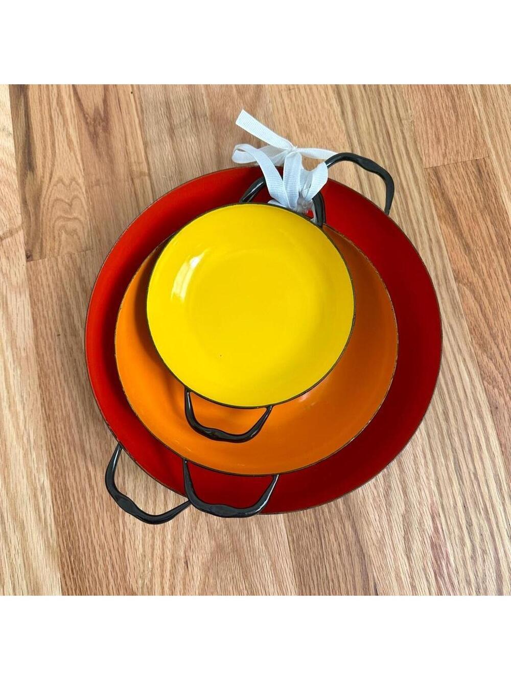 1960s Huta Silesia Midcentury Enameled Sauté Pans Red Orange Yellow Set of 3